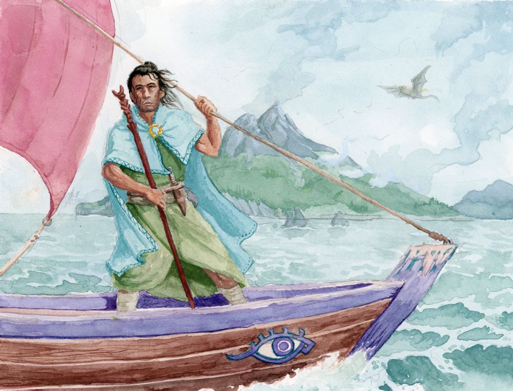 Gouache painting of Ged, the protagonist of A Wizard of Earthsea, sailing in his boat Lookfar. He holds onto the rigging, his staff leaned on his shoulder. A couple of craggy, forested islands are visible in the background over the foggy ocean, and a dragon flies through the overcast sky in the distance.