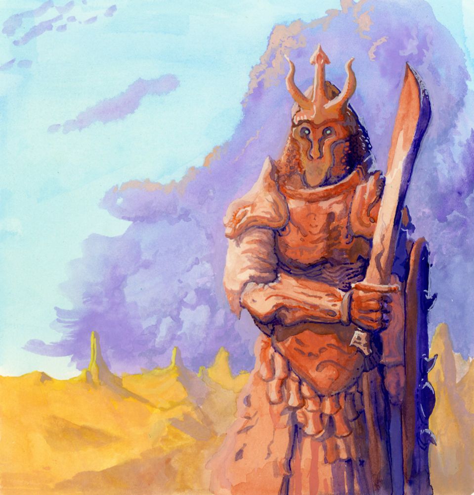 Gouache painting of a fully armored warrior standing in the desert with sunset clouds behind them. Their armor is brick red and resembles a carapace in places. They carry a falchion which also has an organic quality to it. Their eyes glow green from behind a full face mask.