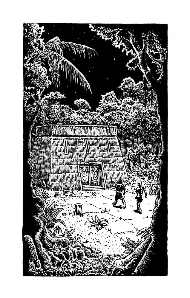 Illustration from "The Tale of Satampra Zeiros" by Clark Ashton Smith. Two men approach a small, simply built temple in the middle of a starlit jungle clearing. One swigs from a wineskin as he walks towards the doors.