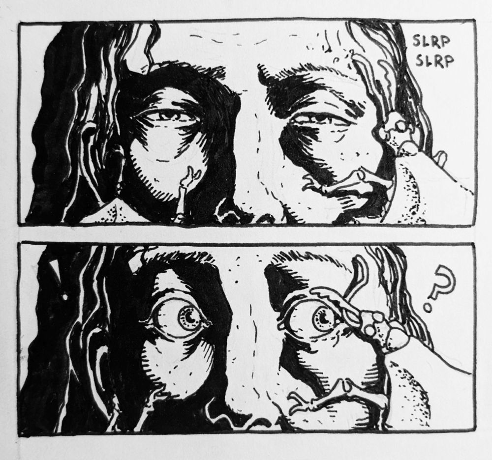 Two comic panels showing an extreme close-up of a man's dirty, tired face as he wakes up. A large, pale insect is licking the dirt off his skin. They notice each other with alarm as the man comes to. 