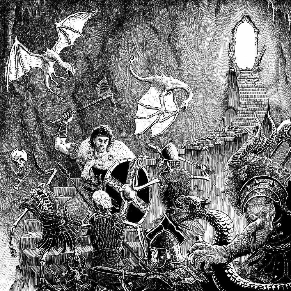 Album cover featuring a warrior descending a winding staircase in a huge cavern. Behind him, the stairs lead up to an open doorway surrounded by shattered remnants of the door and with light pouring through. Ahead of him, a horde of undead and demons advance up the stairs, and he fights them with an axe and shield. Small dragonlike creatures flap about overhead.