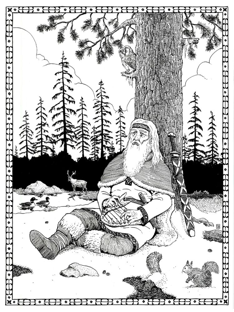 The Finnish mythological hero Vainamoinen sits under a pine tree in a mossy meadow, playing a kantele made of a large jawbone. His sword leans against the tree trunk. Various forest animals gather to listen to his music.