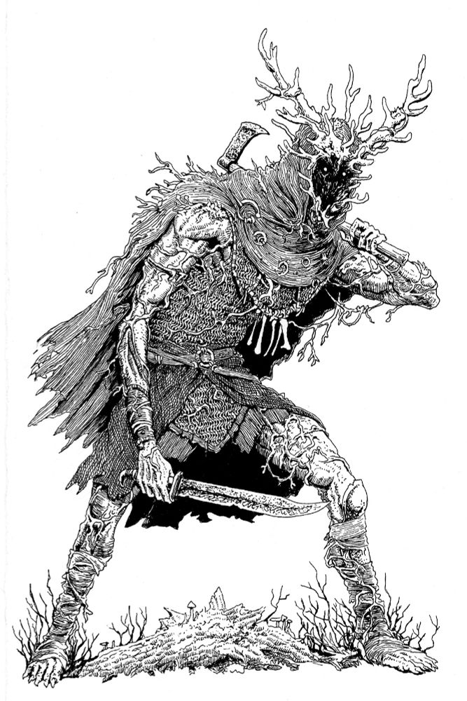 A tall, slouching humanoid figure with antlers and a face obscured by darkness, dressed in corroded chainmail and a ragged cloak and wielding rusted weapons.