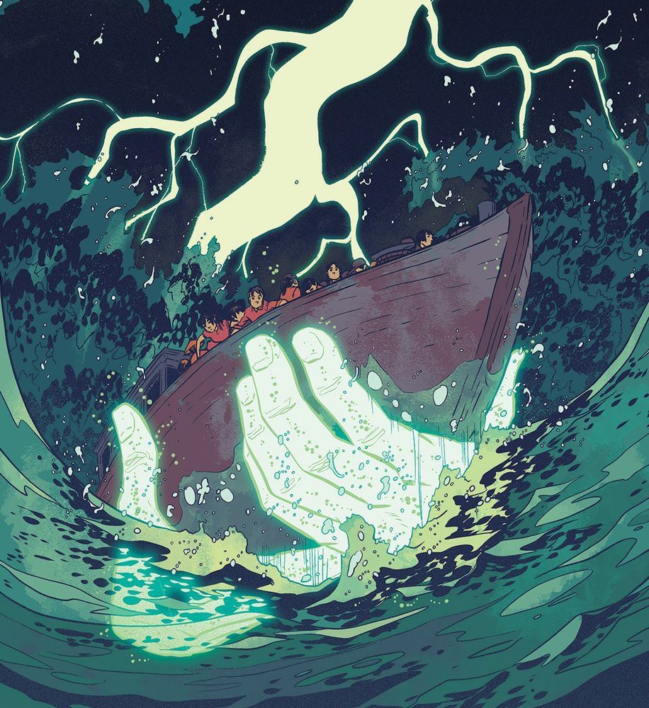 glowing hands cradle a ship in a storm