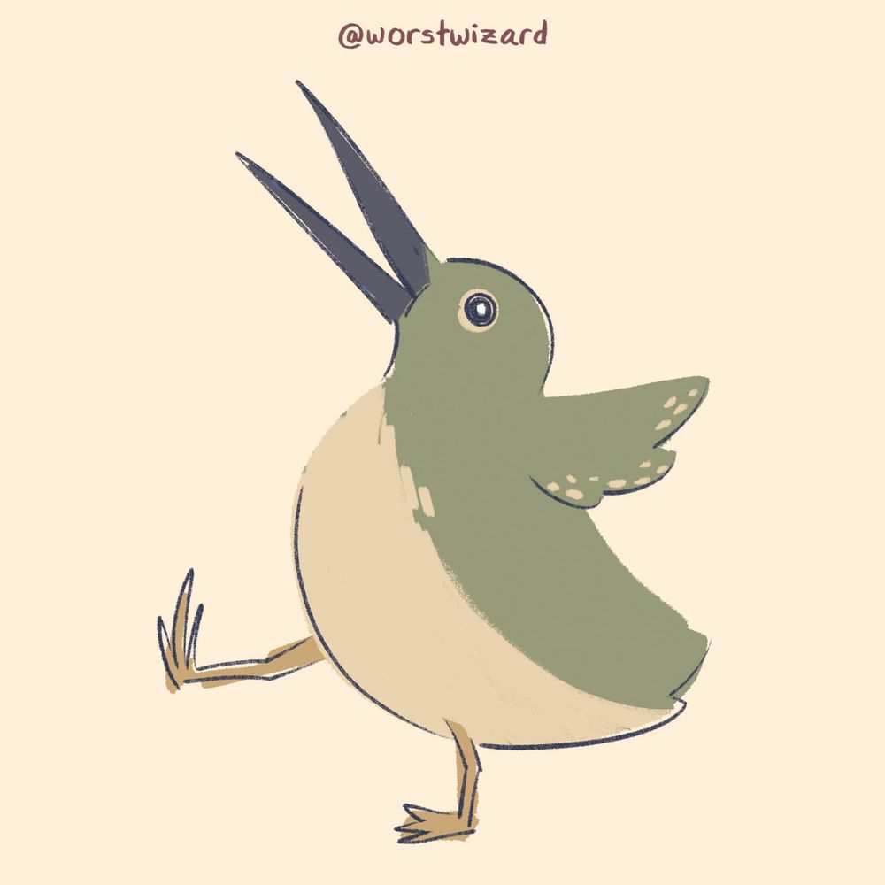 a green and tan bird with a long beak marching around proudly