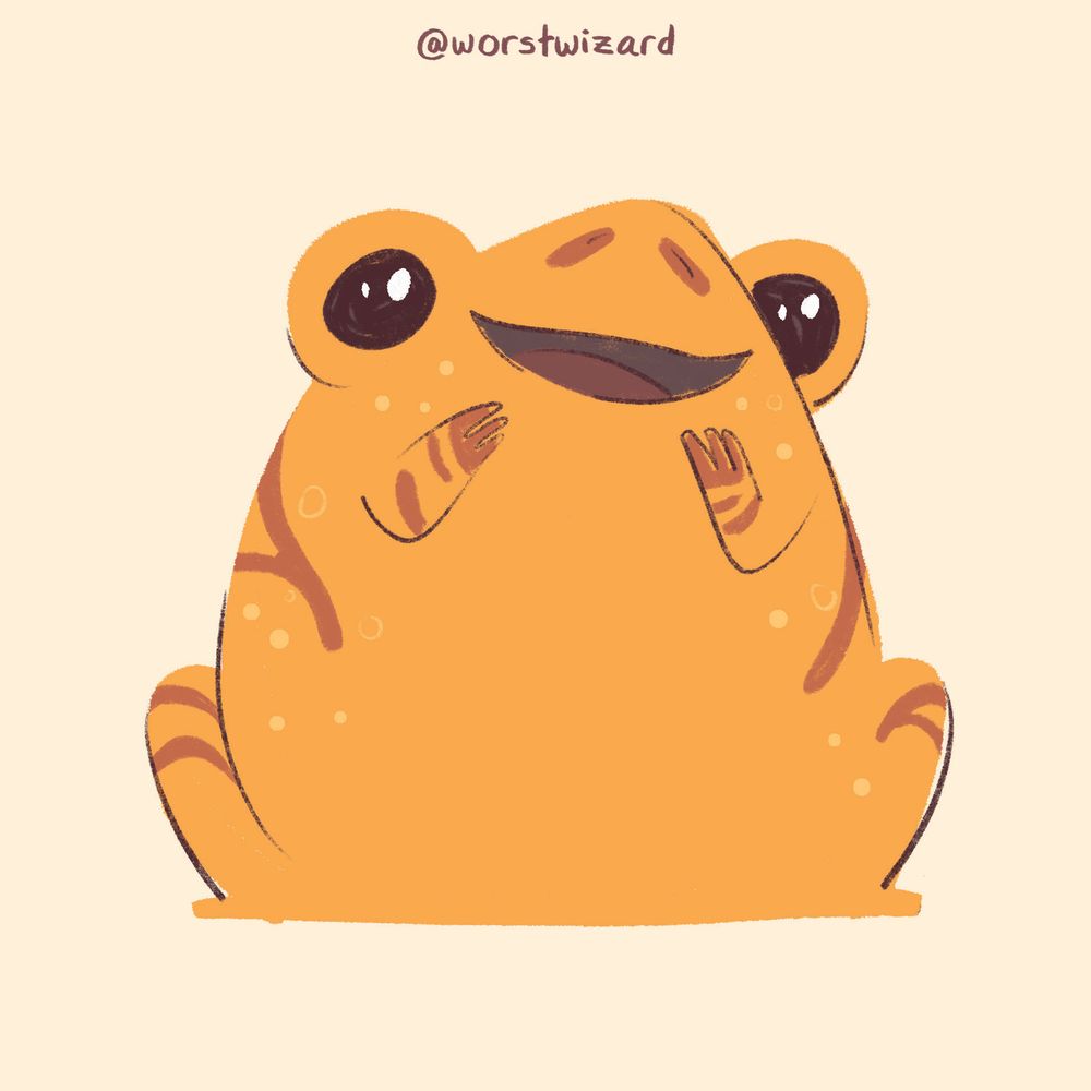 a cute drawing of a yellow and orange frog, smiling and touching its face