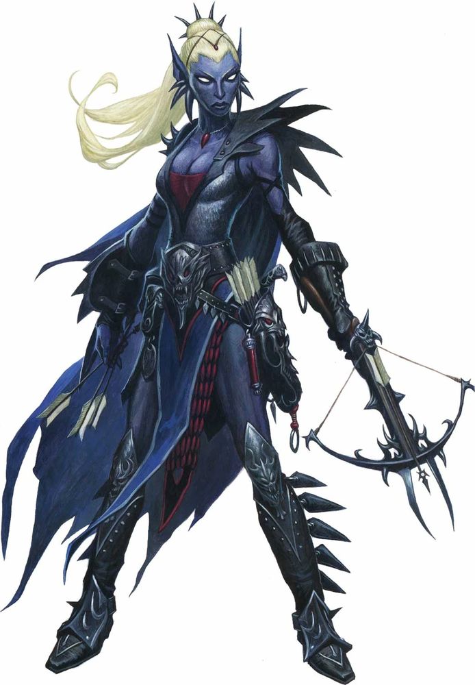 A female drow with a lot of spikes on her armor