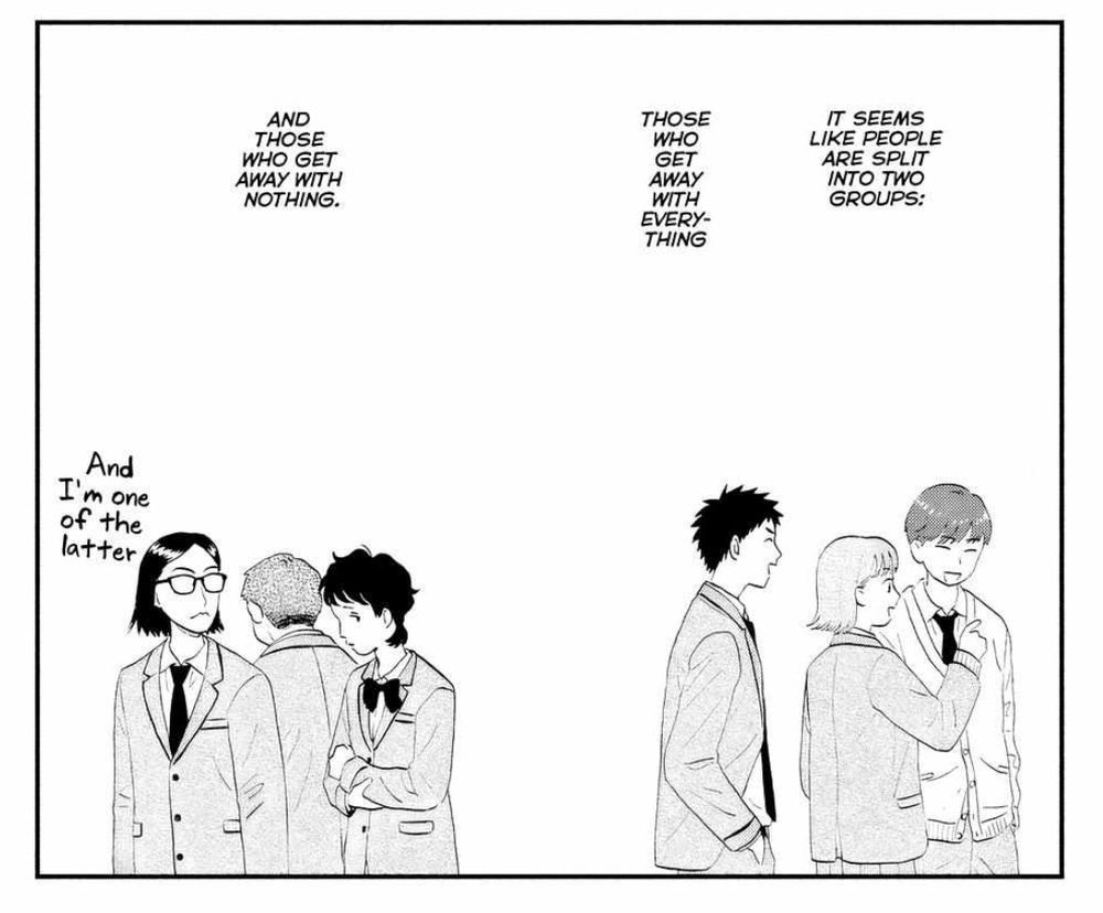 panel of skip and loafer that says:
"It seems like people are split into two groups those who get away with everything and those who get away with nothing"
"And I'm one of the latter"