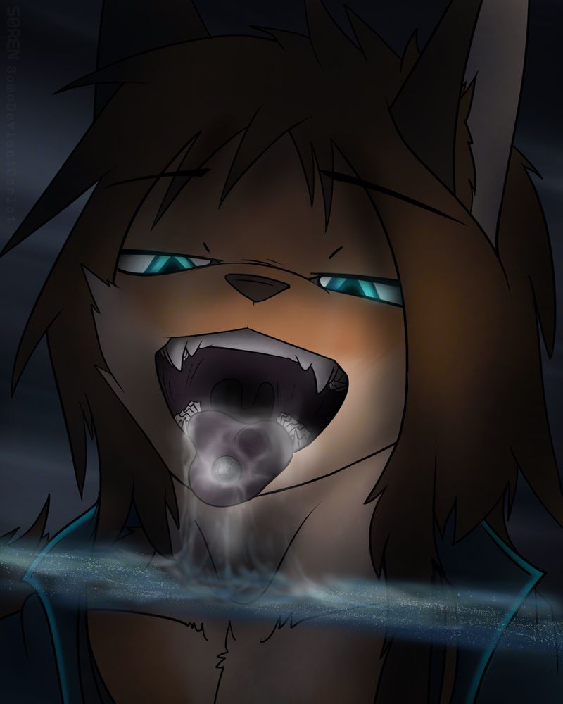 A male maned wolf (Skyler) teasingly licking an icy moon off of its orbit, cold mist dripping from his tongue, and showing his open maw.