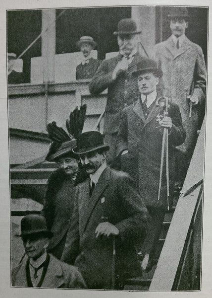Ismay, accompanied by his wife, leaves the Adriatic on May 11th. At the top of the stairs is Ismay's brother while to his side is Harold Sanderson