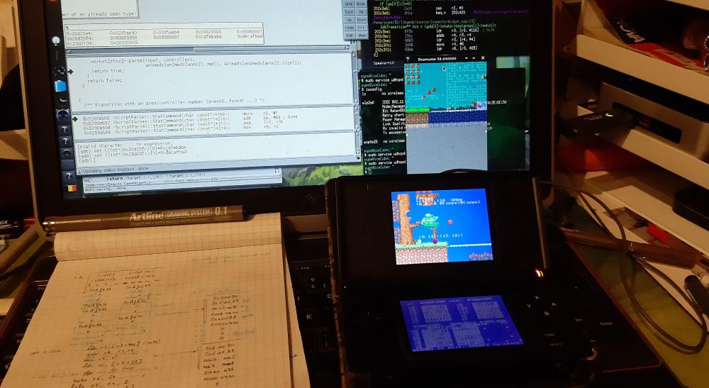 An ongoing debugging session, featuring ARM disassembly, linux laptop, Nintendo DS showing a guru meditation screen, the desmume DS emulator paired with ddd debugger in the laptop and a notepad with top pens to write down hex numbers from the DS blue screen, investigate and all...

Ah, all of this to find a bug in a little platformer of mine, inspired by '90s gold titles design and aesthetics.