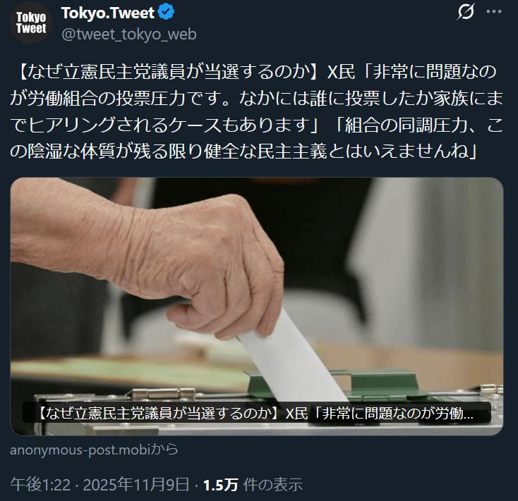 ウタマロ師匠が引用している投稿。以下、中身
Xユーザー Tokyo.Tweet: 「【なぜ立憲民主党議員が当選するのか】X民「非常に問題なのが労働組合の投票圧力です。なかには誰に投票したか家族にまでヒアリングされるケースもあります」「組合の同調圧力、この陰湿な体質が残る限り健全な民主主義とはいえませんね」 