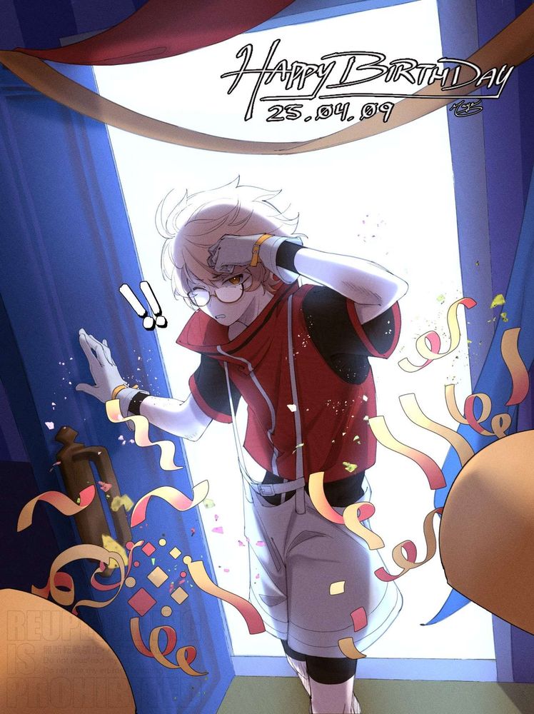 an illustration of Sou walking into the room and getting blasted by confetti poppers for his birthday