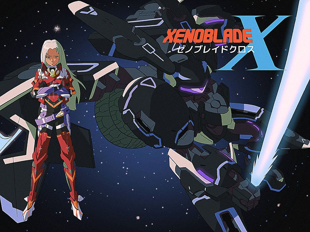 Elma from Xenoblade Chronicles X standing in the Gainax pose, in front of her Verus skell, which is swinging a beam sword. Also drawn 90s style