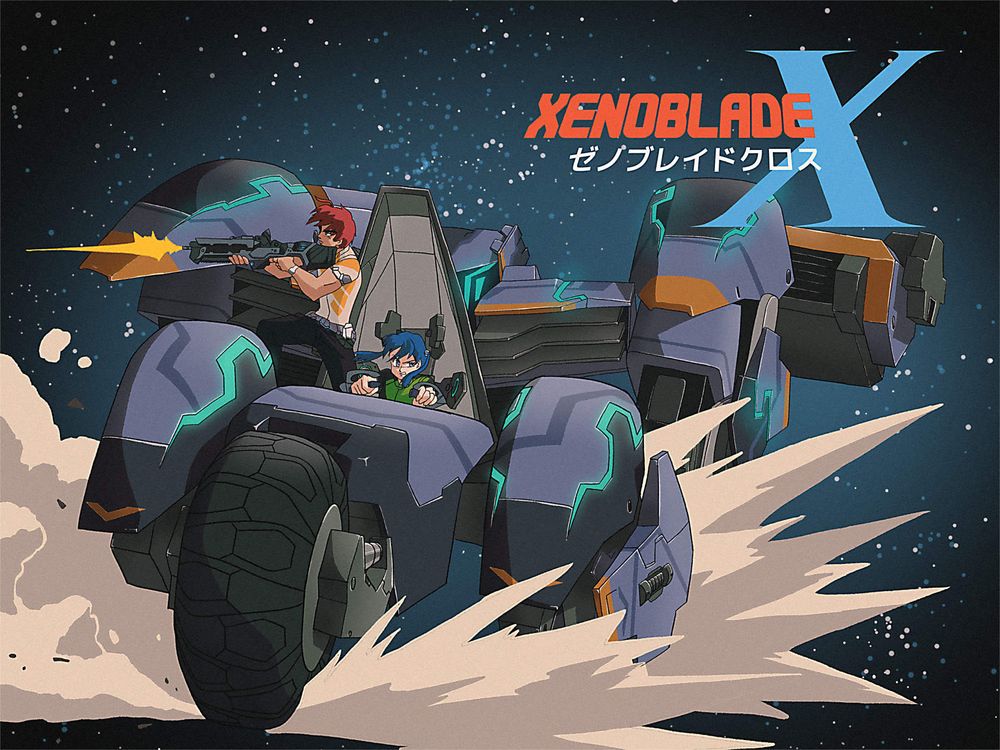 The male and female versions of the player character, nicknamed Cross, from Xenoblade Chronicles X. The girl is driving a Formula Skell in vehicle mode, apparently in a skid during a chase, while the guy is standing up form the cockpit, firing a rifle at something. Drawn to look like an anime eyecatch from the early 90s.
