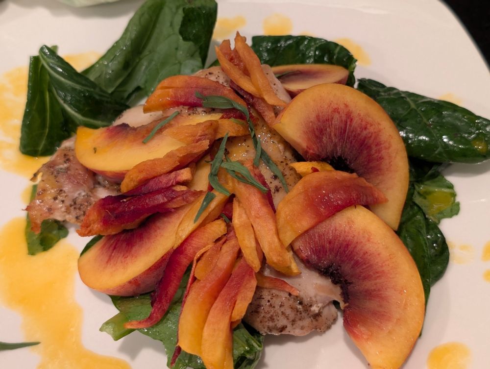 Dried peaches, fresh peach wedges on sauteed chicken thighs over tatsoi with an orange juice reduction.