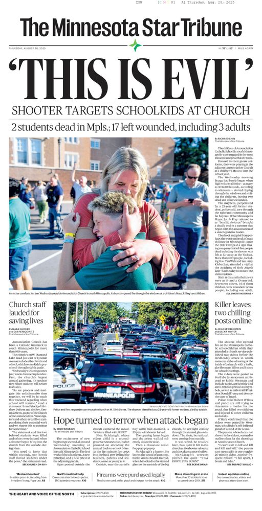 The Aug. 28, 2025, front page of the Star Tribune, with the headline 'This is evil'