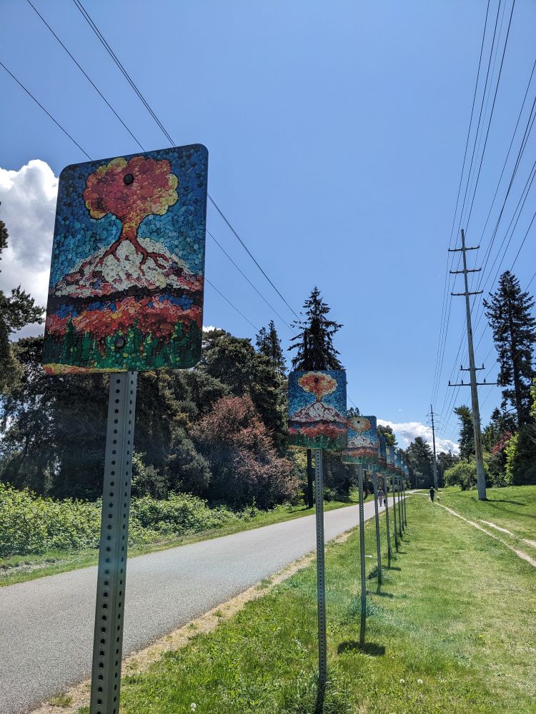 A series of pictures of one of the Pacific Northwest's volcanoes erupting. They are placed along the Burke-Gilman Trail, so that when you ride a bike, the pictures animate, in the style of flip books. 