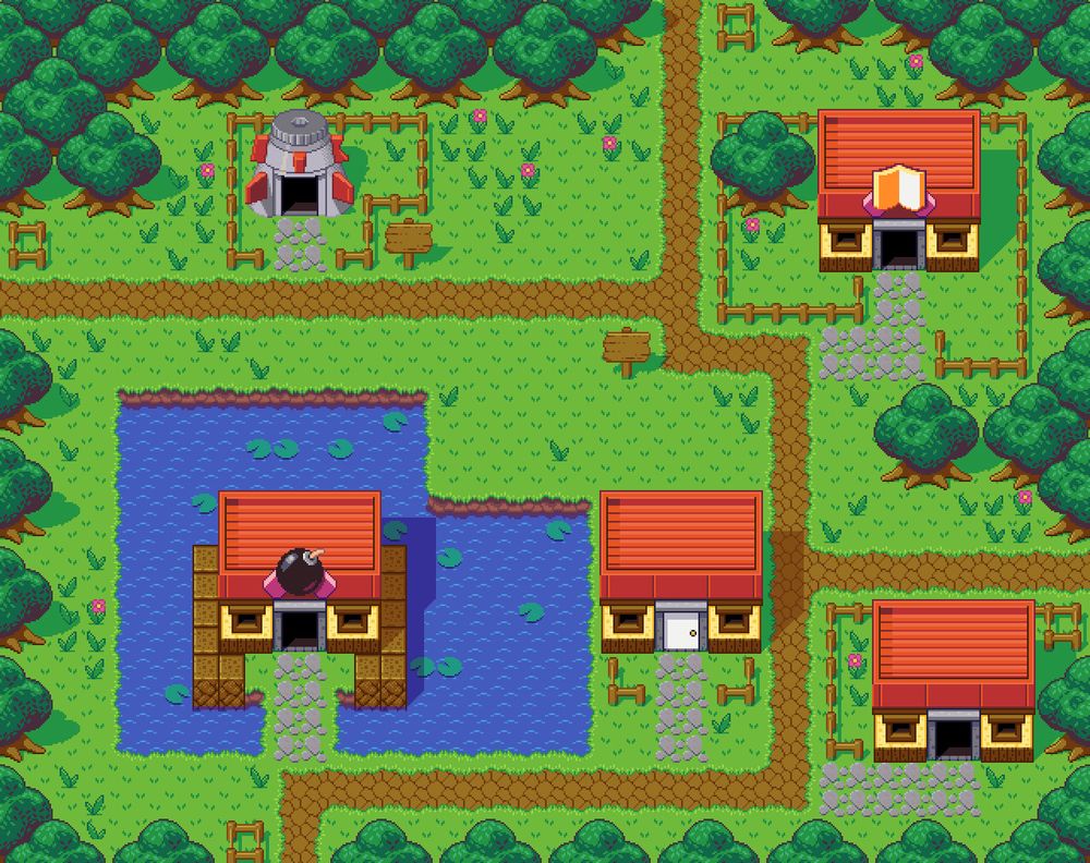 A remaster attempt for the hub village of Bomberman Quest. The village has a library, a bomb store and two houses, as well as a big pond around the store. The most striking difference to the original is the change in palette and increased detail of the crashed spaceship in the North-Western corner. Also there is more variety with the grass and waterlily leaves. I've also added shadows cast by buildings, fences, signs and trees.