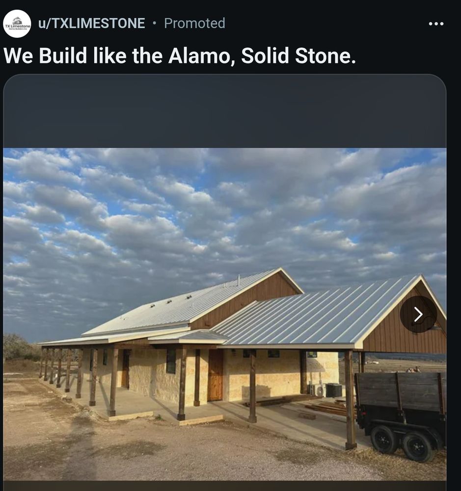 An ad that's says we build like the Alamo, solid stone and it's a picture of a limestone house