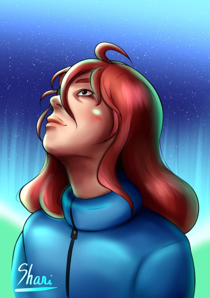 Un autre portrait de Madeline, elle regarde une aurore boréale sur le ciel étoilé. 