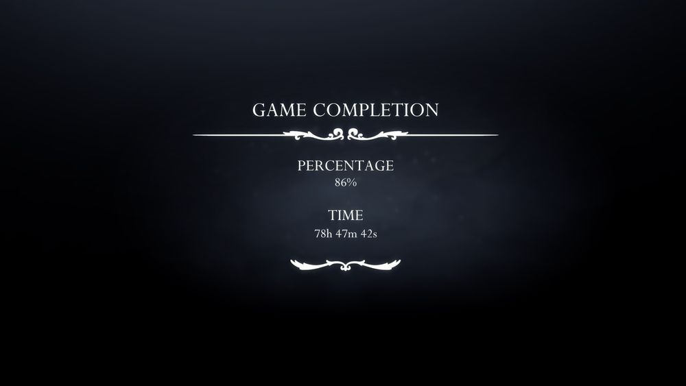 GAME COMPLETION
PERCENTAGE
86%
TIME
78h 47m 42s