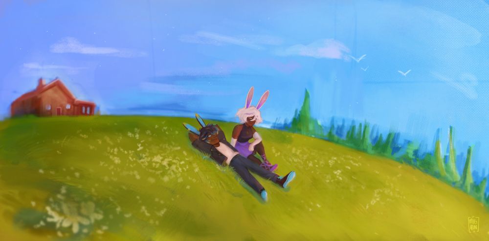 Limo and Lima taking a break in the fields of their home.