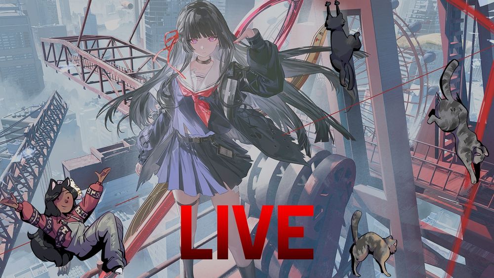 Personagem Chisa do jogo Wuthering Waves. Uma representação em desenho de uma moça negra, com orelhas e rabo de gato felpudas, em um macacão cinza e uma blusa de frio num tom vinho com listras desenhadas, deitada no canto esquerdo. Ao meio um gato preto, em desenho, se segurando próximo da borda superior. No canto superior direito, um desenho de gato cinza saltando para baixo e no canto inferior direito, outro gato desenhado nas cores cinza e amarelo com os pelos arrepiados. Ao meio, escrito em um tom mais avermelhado está a palavra Live.