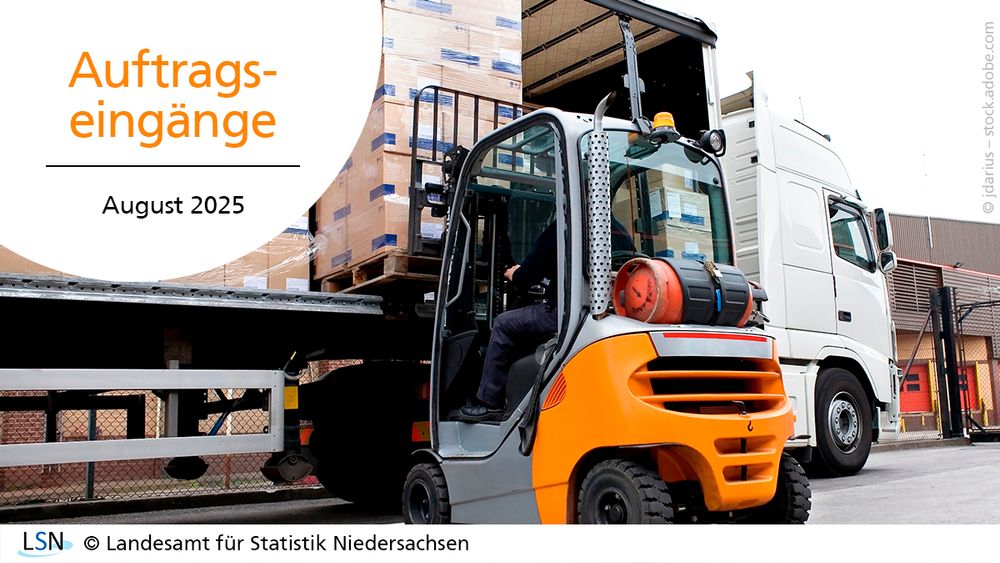 Auftragseingänge, August 2025. Das Bild zeigt einen Gabelstapler, der einen LKW entlädt.