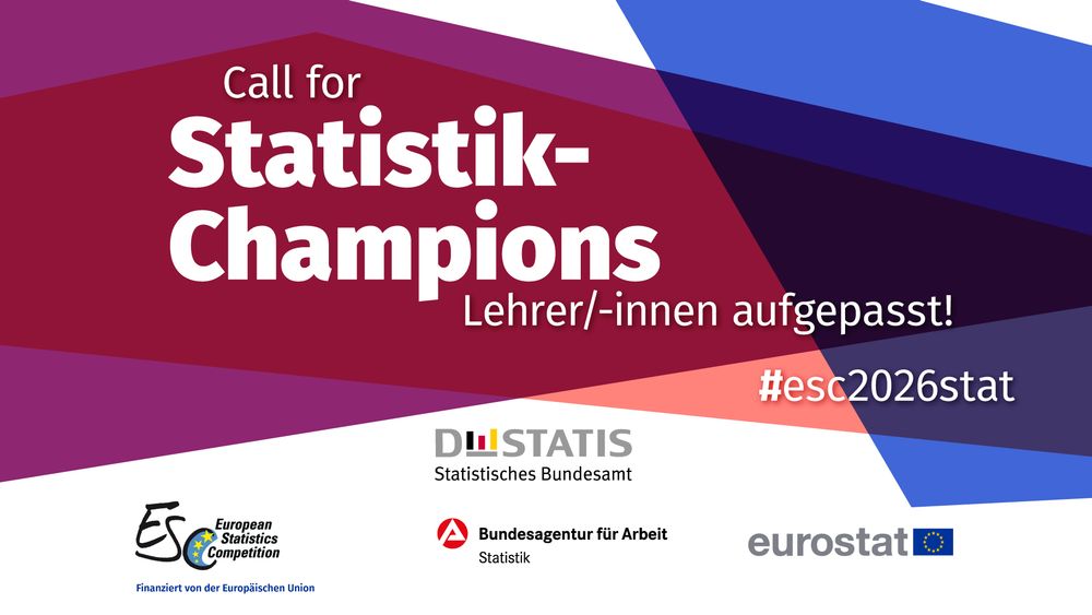 Call for Statistik-Champions. Lehrerinnen und Lehrer aufgepasst! Die Grafik zeigt die Logos vom ESC, Destatis, der Agentur für Arbeit und Eurostat. 