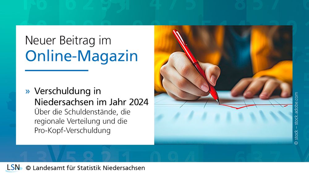 Neuer Beitrag im Online-Magazin. Verschuldung in Niedersachsen im Jahr 2024: Über die Schuldenstände, die regionale Verteilung und die Pro-Kopf-Verschuldung. Das Bild zeigt die Hände einer Frau, die eine rote Linie in ein Diagramm malt.