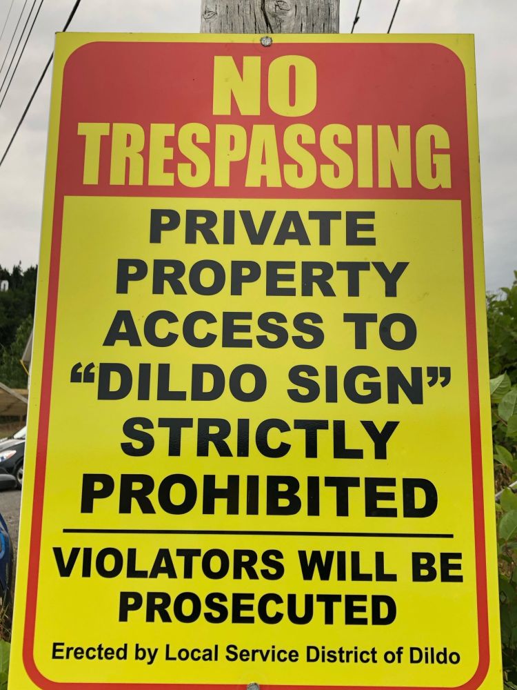 A yellow metal sign affixed to a utility pole which reads:
No Trespassing
Private property 
Access to "Dildo Sign" strictly prohibited.
Violators will be prosecuted.
Erected by Local Service District of Dildo