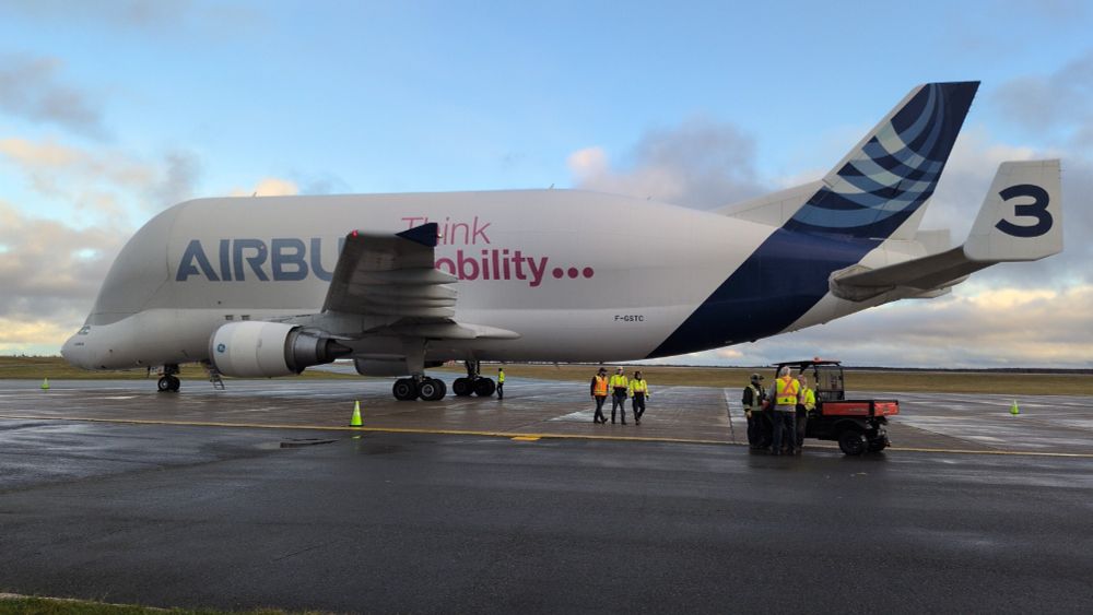 Left side view of an Airbus beluga A300-600ST super transporter. Identifier '3' is visible on the rear stabilizer winglet.