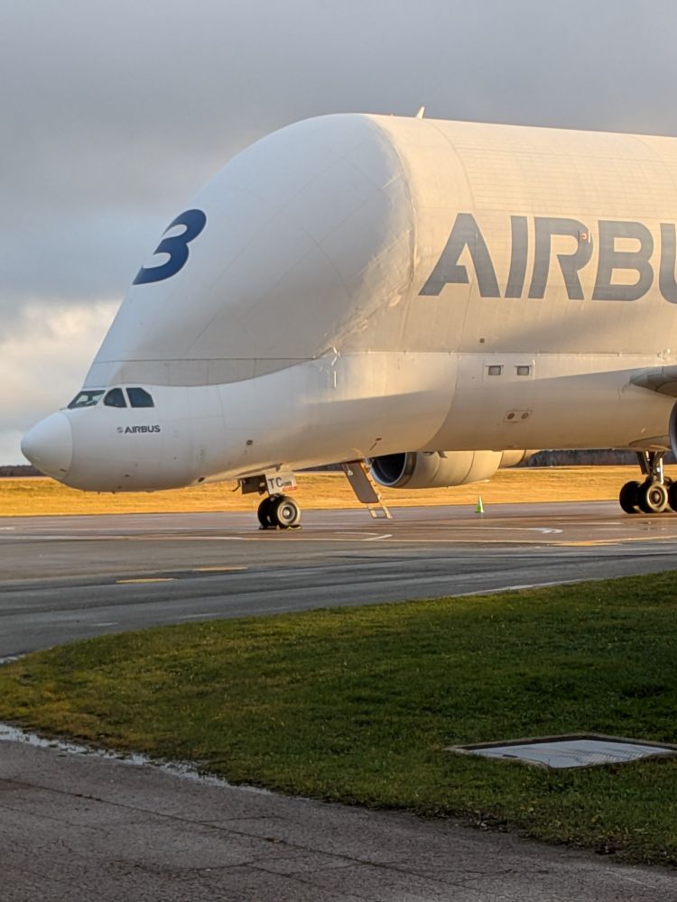 Front left side view of an Airbus beluga A300-600ST super transporter. Identifier '3' is visible on the front of the aircraft.