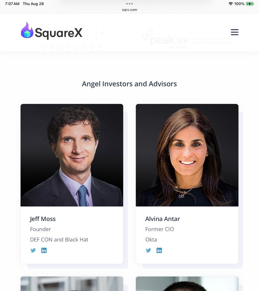 A screenshot from SquareX’s website showing their angel investors, leading with Jeff Moss, founder of DEFCON and Black Hat