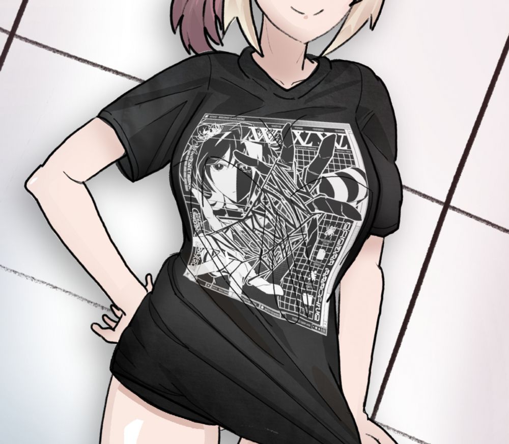 Closeup of Holly Winterson wearing FrostFireSoul's Neurotoxic Web Shirt