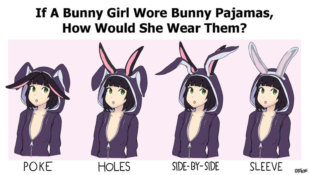 A text that says "If A Bunnygirl wore Bunny Pajamas, How would she wear them? with 4 bunny girls of Yan wearing diffirent style pajamas. one with ear poking out. one with holes and two ears poking out by side of fake ears. Another with holes with ear poking out but the fake ears are tall and side-by-side. And another where ear are in a "sleeve" of the fake ears.