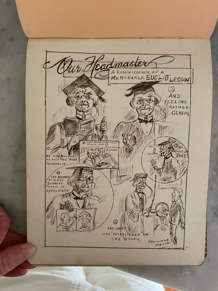 A graphic novel style page from the album, a series of drawings of a schoolteacher titled ‘Our Headmaster: A reminiscence of a memorable Euclid lesson’