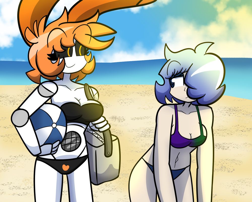 Symmetry and Moon at the beach preparing to lay down on the sand. They´re wearing cute bikinis too!