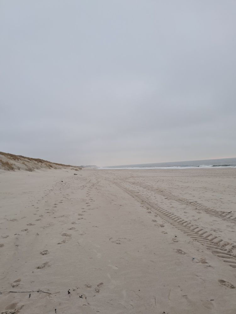 Sandy beach, looking along it with sea in background on the right 