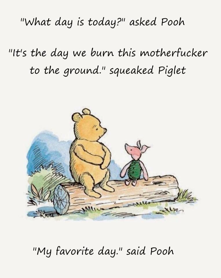 A screenshot of Pooh and Piglet talking: "What day is today?" asked Pooh.
"It's the day we burn this motherfucker to the ground." squeaked Piglet.
"My favorite day." said Pooh.