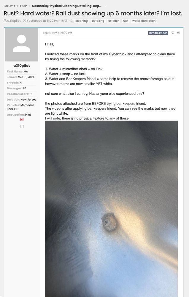 https://www.cybertruckownersclub.com/forum/threads/rust-hard-water-rail-dust-showing-up-6-months-later-i%E2%80%99m-lost.39471/