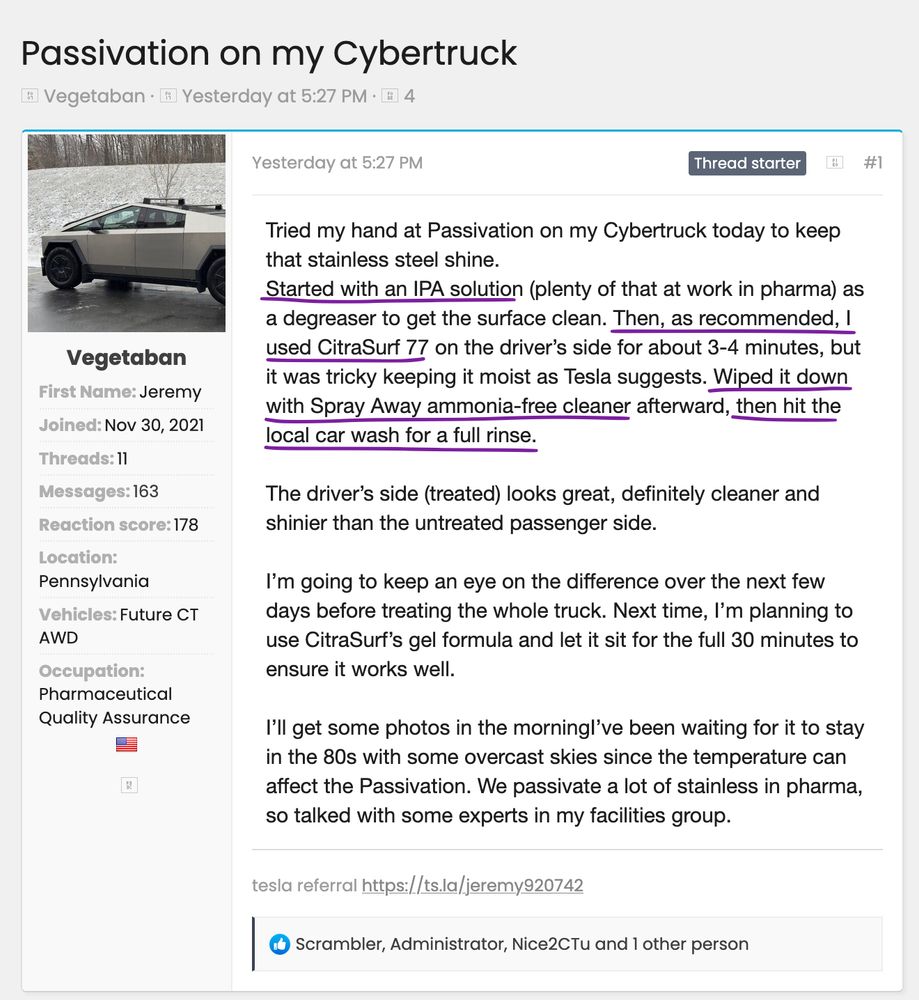 Screenshot of a Cybertruck forum post reading 