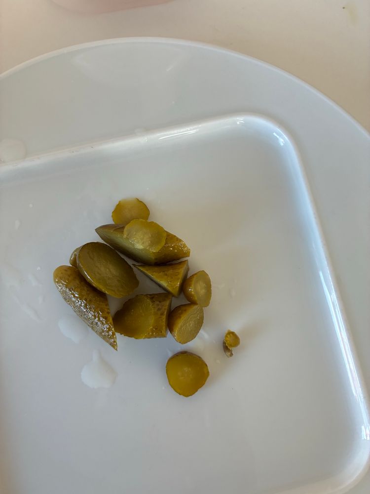 Auf einem weißen, geteilten Teller liegen in der linken Hälfte mehrere kleine Stücke einer Gewürzgurke. Die Gurkenstücke sind unregelmäßig geschnitten, teils rund, teils keilförmig, und glänzen leicht vom Gurkenwasser. Die rechte Hälfte des Tellers ist leer, im Hintergrund ist nur ein heller, unscharfer Untergrund zu erkennen.