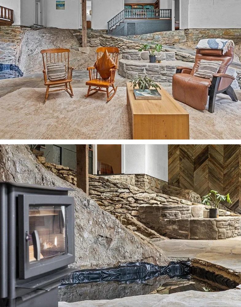 1980s house in Vermont with indoor pond in living room