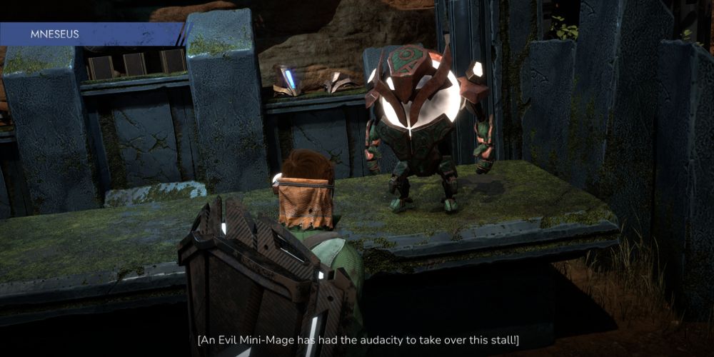 A Screenshot from the game Empyreal showing a Mini-Mage automaton stood on a table talking to a player character, text reads "An Evil Mini-Mage has had the audacity to take over this stall!"