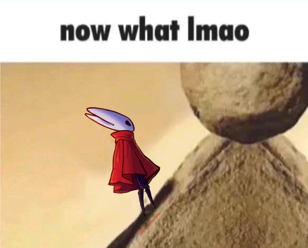 Hornet from Silksong, implying to be Sisyphus, has rolled the boulder from Sisyphus' dilemma to the top of the proverbial mountain, asking "Now what lmao". This jokes about how Silksongers have been stuck in a futile, repetitive spiral of madness, Silksanity... but it actually came to an end!