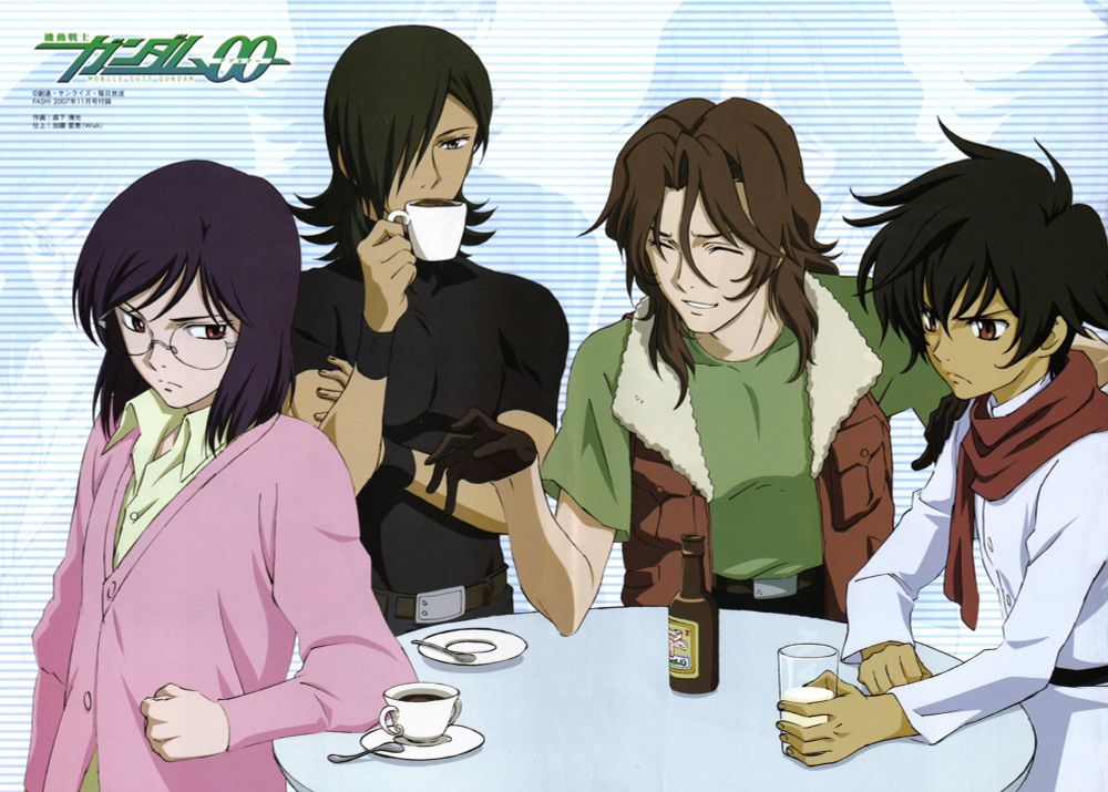 S1 Gundam Meisters with various drinks. Setsuna got served milk again and is visibly upset with that. Tieria is glaring at him from across the table, while Allelujah sips coffee nonchalantly and Neil tries to laugh it off