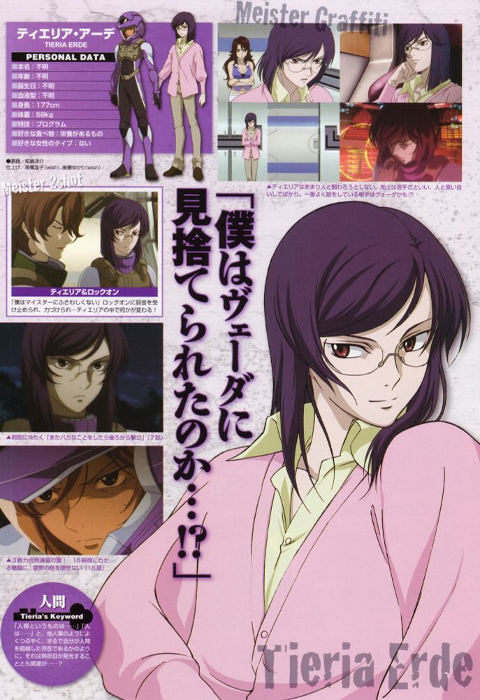 Magazine scan of Tieria

It has his character profile, various screencaps, and an artwork of him smirking with his hand on his hip