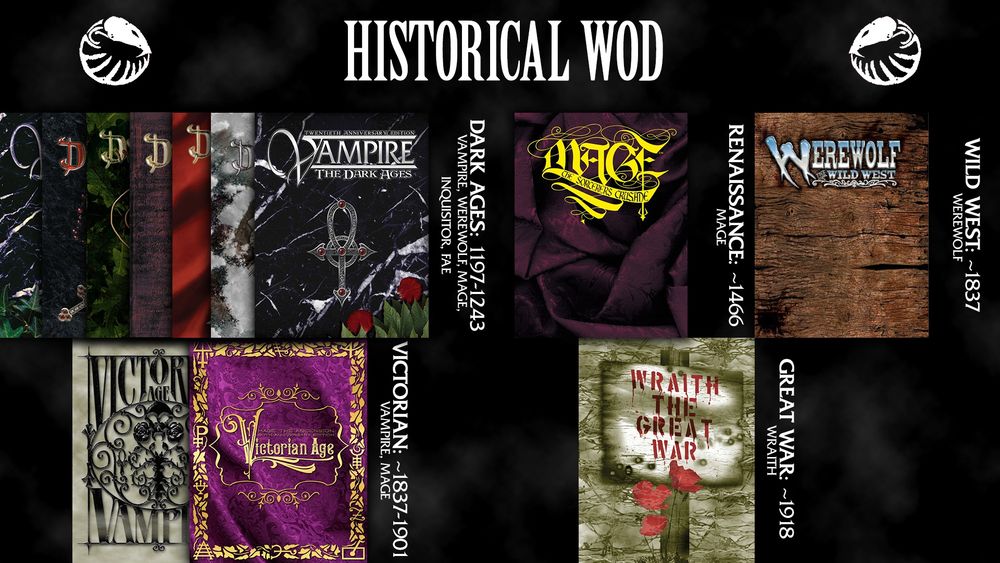 Historical WoD games:
- 1197: Vampire: The Dark Ages
- 1230: Dark Ages: Vampire
- 1230: Dark Ages: Werewolf
- 1230: Dark Ages: Mage
- 1230: Dark Ages: Inquisitor
- 1230: Dark Ages: Fae
- 1243: Vampire 20th Anniversary: The Dark Ages
- ~1466: Mage: The Sorcerers Crusade
- ~1837: Werewolf: The Wild West
- 1837-1901: Victorian Age: Mage
- 1880-1897: Victorian Age: Vampire
- ~1918: Wraith: The Great War
